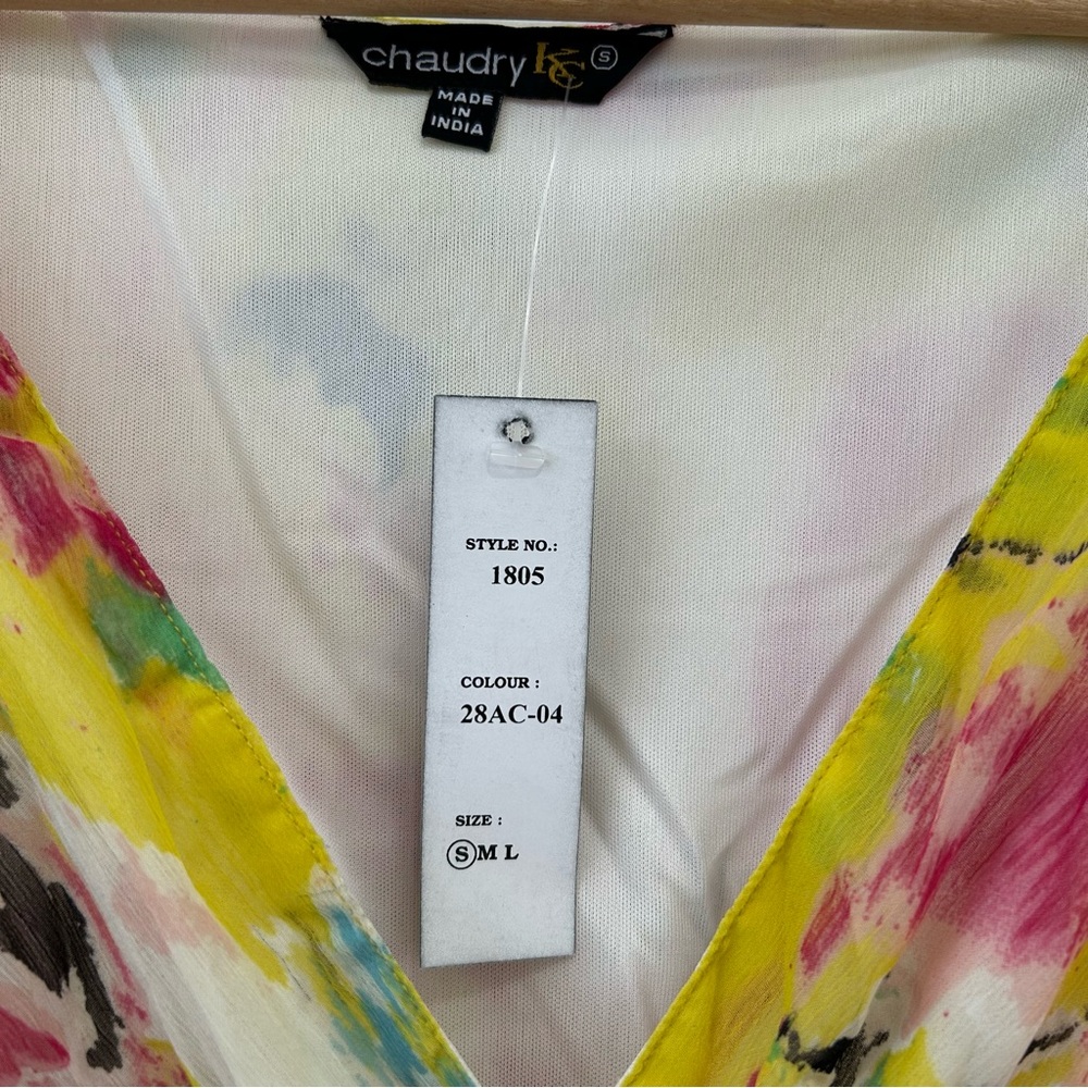 Chaudry Dress Womens Small V Neck Sleeveless Yellow Abstract Midi New - Picture 4 of 10
